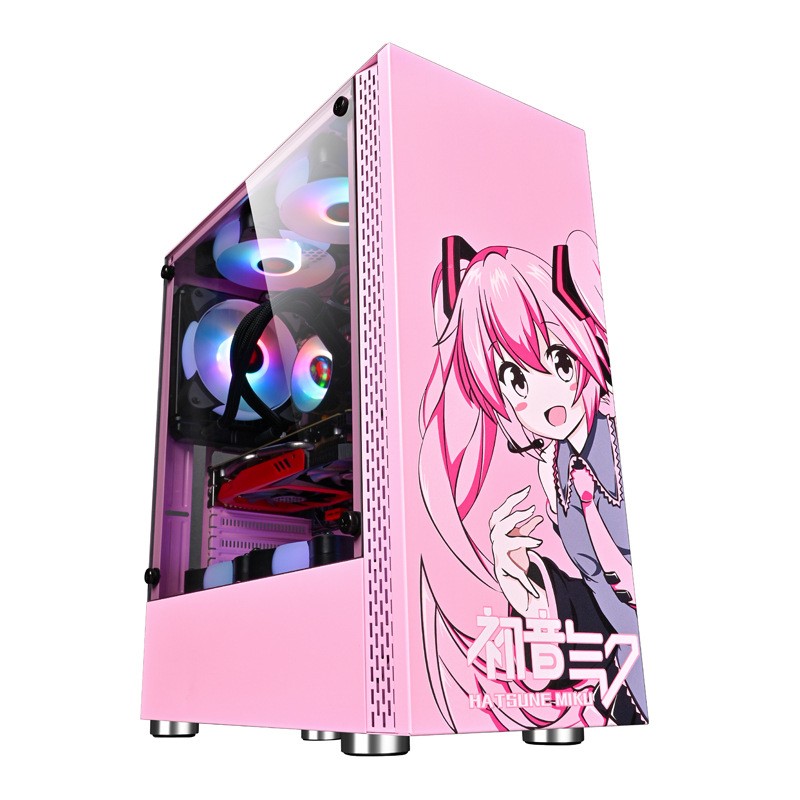 卡通台式电脑机箱 电竞游戏网咖DIY侧透游戏水冷ATX动漫白粉色机箱 Pink